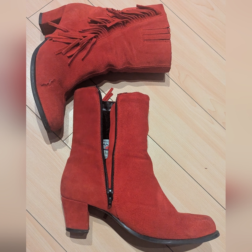 Vintage Red Fringe Suede Ankle Boots